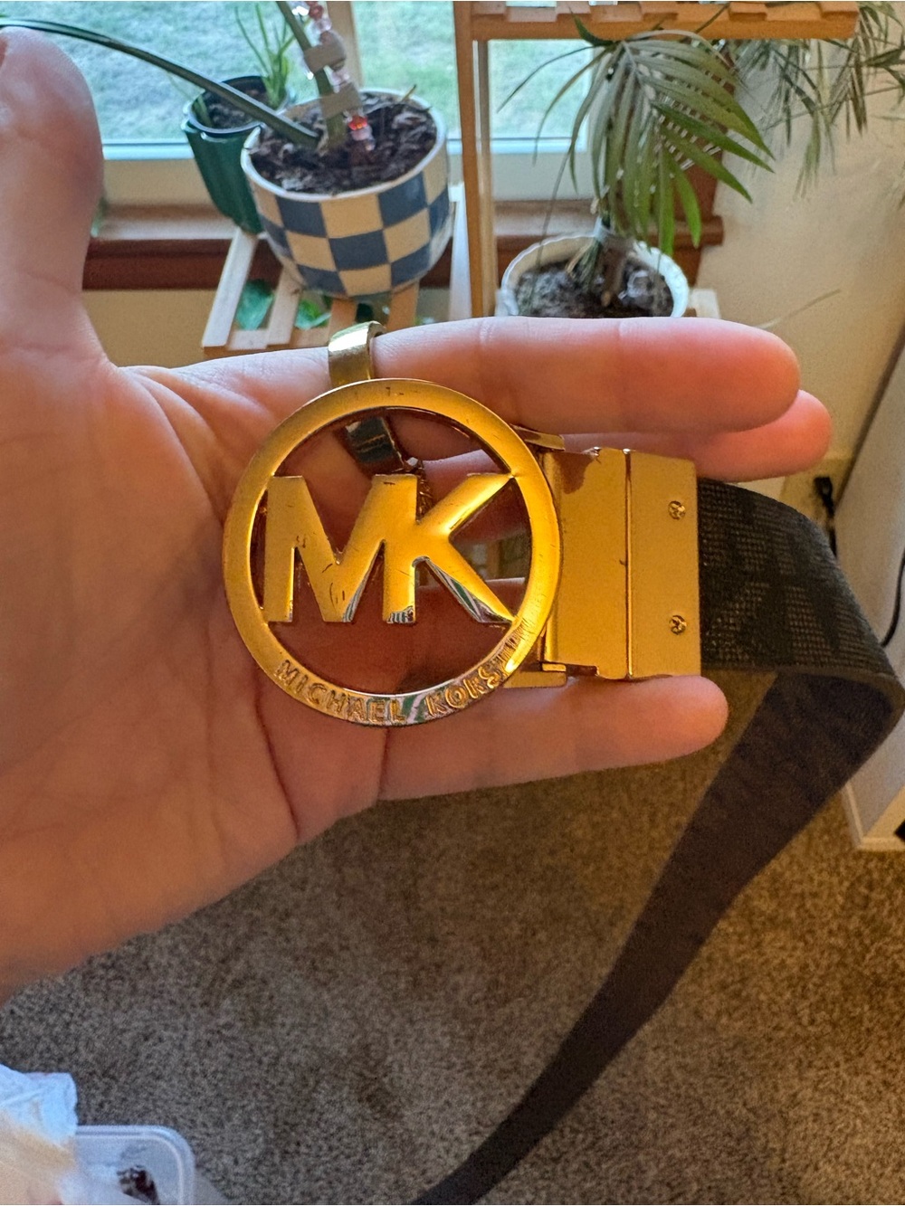 Michael Kors Gold MK Logo Buckle Belt with Black Strap
